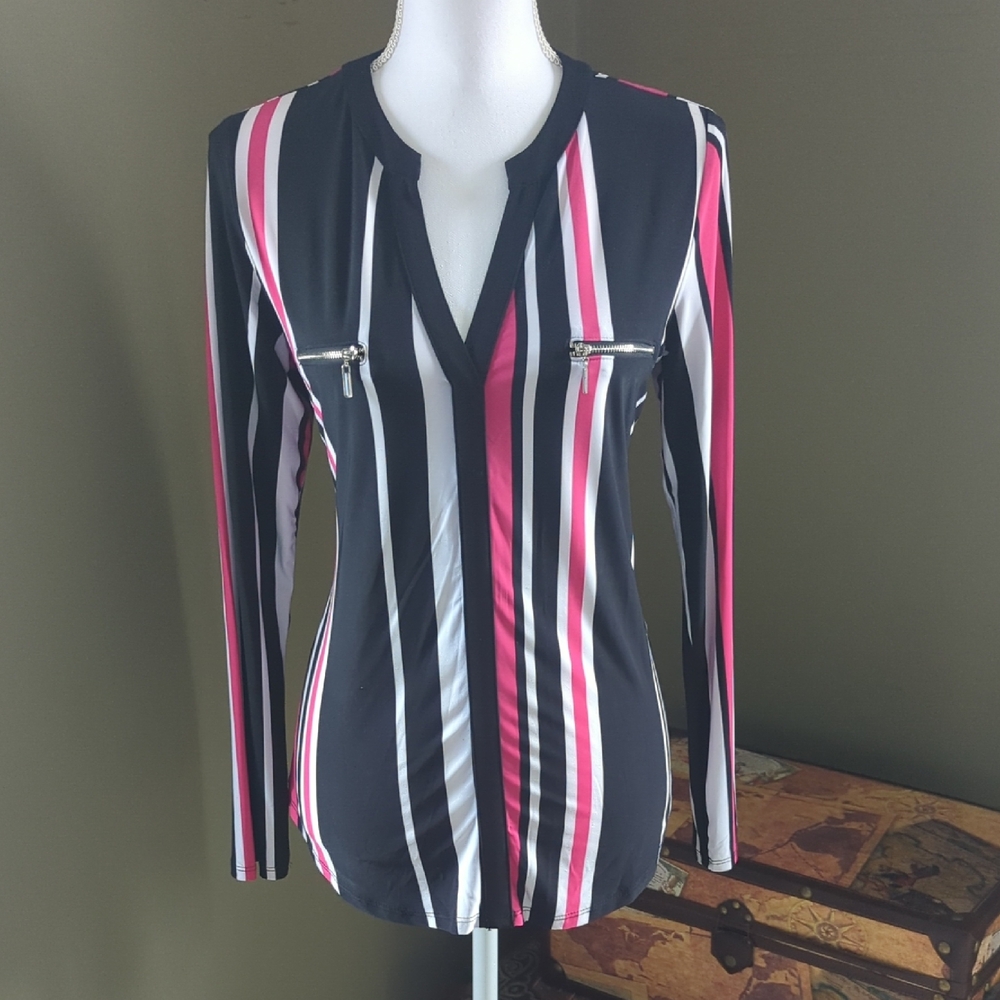 INC International Concepts Pink and Black Fitted Long Sleeve Blouse
